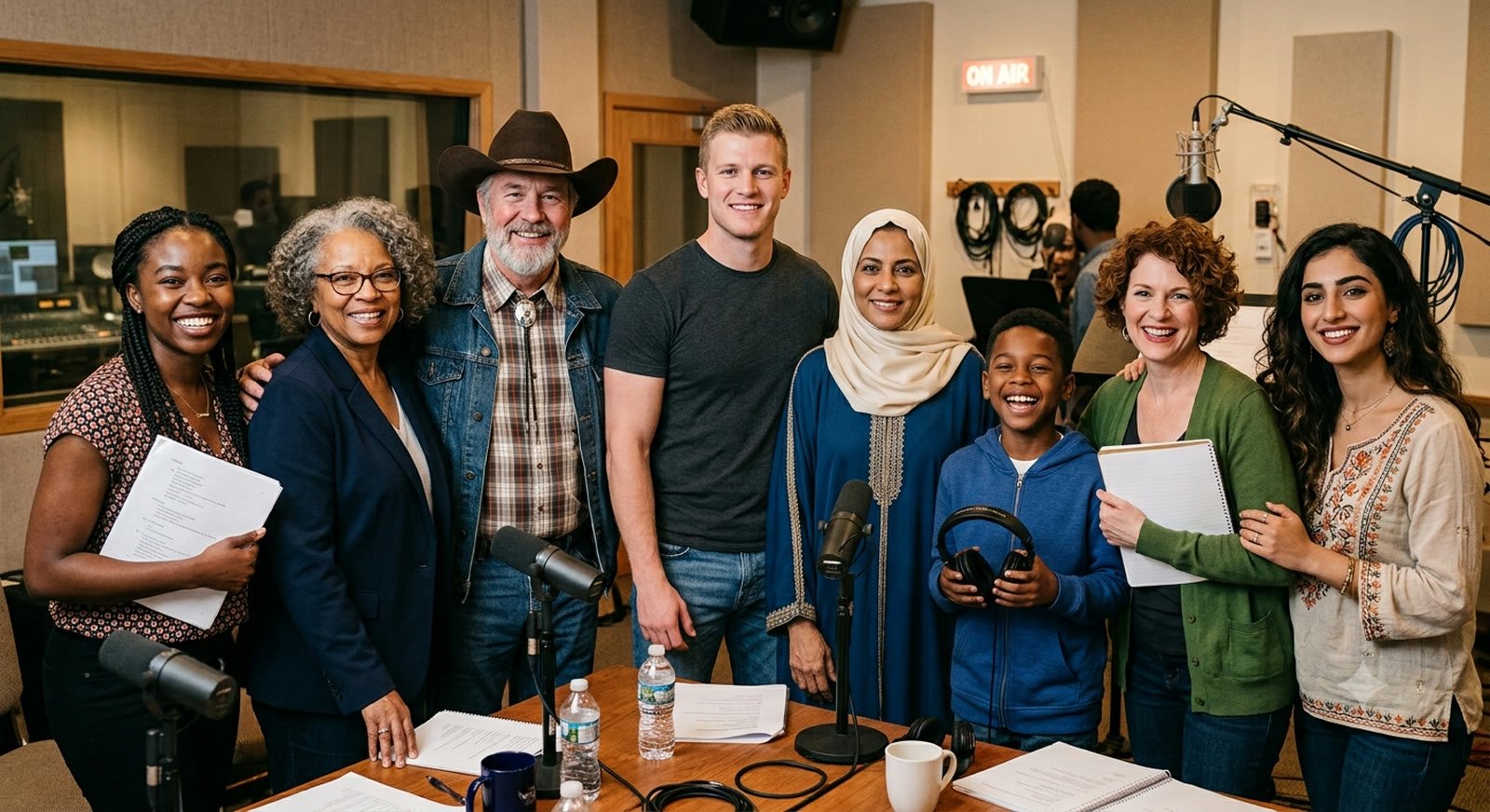 A diverse group of voice actors gathered in a recording studio